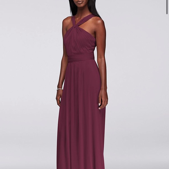 David's Bridal Dresses & Skirts - David’s Bridal Y-Neck Long Mesh Bridesmaid Dress in Wine Sz 2